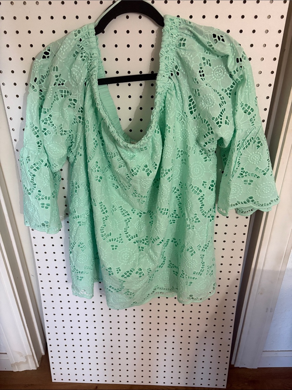 Cato Mint Lace Peasant Tunic off the shoulder.